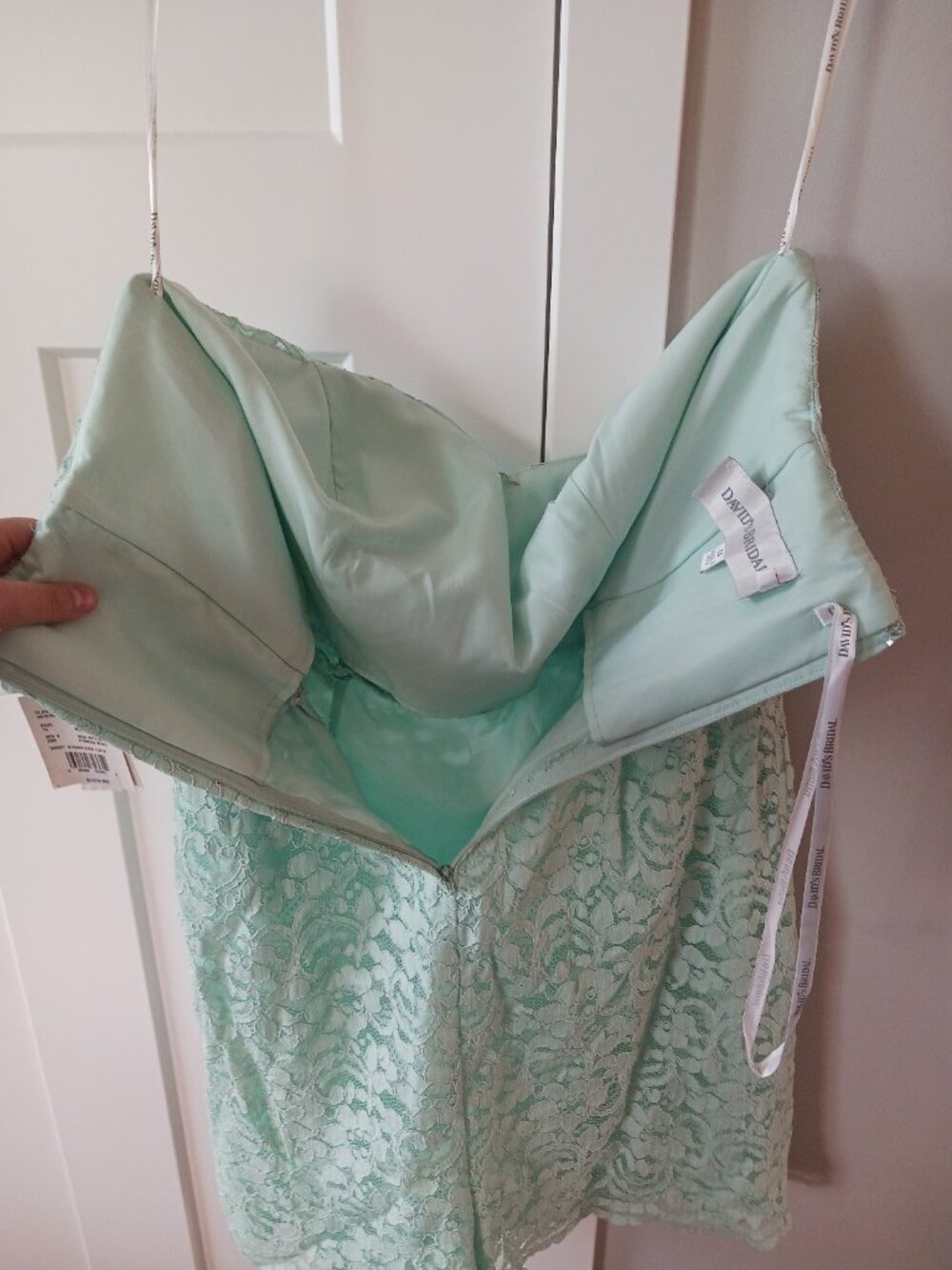 David's Bridal Mint Seafoam Lace Strapless Dress - Picture 3 of 5